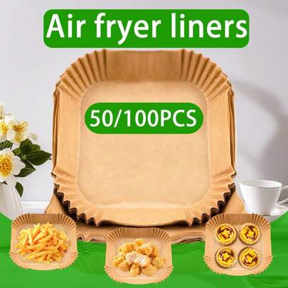 50/100 piezas Papel de horno desechable para freidora de aire | Hojas precortadas cuadradas y redondas de 6.3" X 6.3" | Para asar pavo, hornear galletas, freír patatas | Esencial para los festines de Acción de Gracias y Navidad | Horno y microondas | Antiadherente, fácil de limpiar