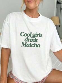 Trenfashion Women's Oversized Short Sleeve Graphic Tee With 'Cool Girls Drink Matcha' Green Retro Font Print, Matcha Lover Casual Aesthetic T-Shirt For Women Cool Girls Drink Matcha T-Shirt - Matcha Lover Tee , Aesthetic Unisex Green Tea Shirt, Pinterest Girl Gift, Viral Graphic Matcha Top Unisex Plus Size T Shirts - 白色 - 查看 2