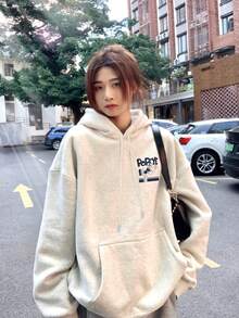 女士灰色花卉图案卫衣，休闲宽松美式风格卡通印花连帽卫衣，秋季款 - 花灰色 - 查看 2