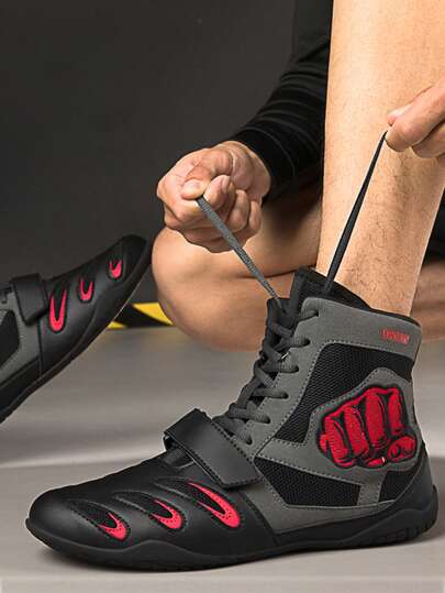 1 双男女高帮摔跤鞋，格斗训练拳击鞋，室内武术平底鞋，专业摔跤拳击靴，成人格斗训练轻便透气健身泰拳格斗鞋，尺码 32-46