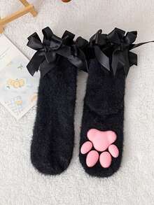 1/2 Par Meias de Coral Fleece com Laço em Formato de Pata de Gato 3D para Mulheres, Chinelos Confortáveis, Adequados para Uso Doméstico no Outono/Inverno, Meias para Dormir