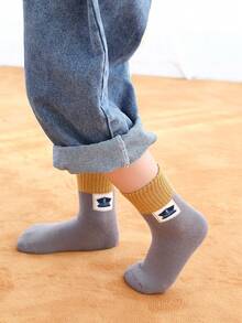 5 双儿童厚款保暖内衬锚形图案中筒保暖袜，秋冬款