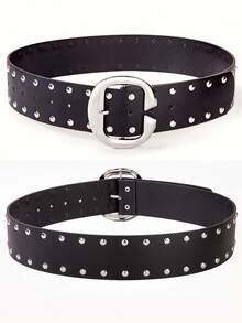 1pc Women's Wide Waist Belt, Rivet Punk Style Solid Color PU Leather, Oval Metal Buckle, Plus Size