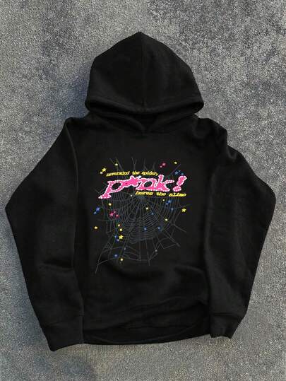 Svart, trendig, mångsidig, varm sweatshirt med björntryck för tonåringar, fleecefodrad, med huva, present till tonårspojkar, höst/vinter