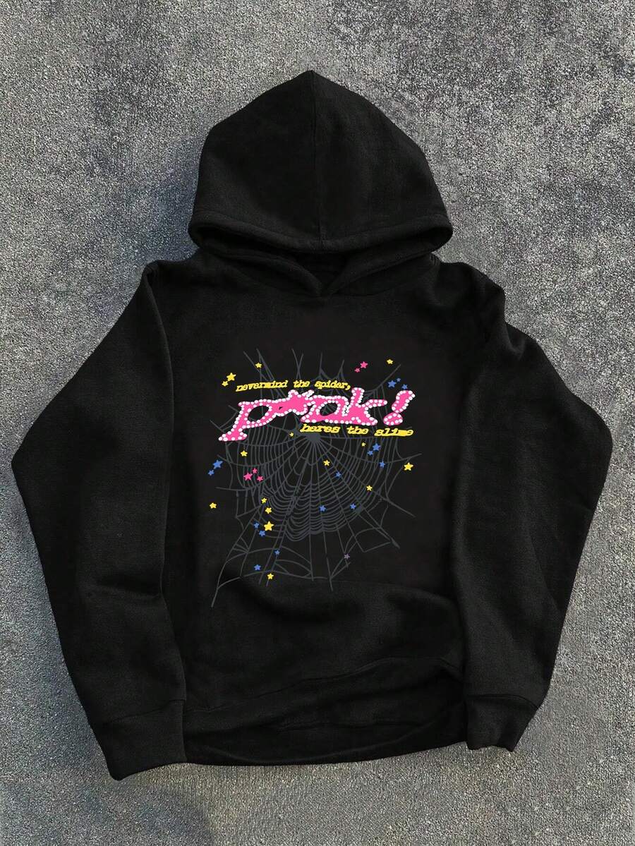 Teens' Black Fashionable Versatile Bear Print Warm Sweatshirt Sweatshirt, Fleece Lined, With Hood, Gift For Teenage Boys, Autumn/Winter - Black - View 1