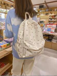 Fashionable Printed Rose Girl's Backpack With Multiple Compartments And Pockets, Thick Student Backpack, Waterproof Backpack, Wearing Teddy Bear Pendant Accessories, Large Capacity, Literary School Bag For Teens, Book Bag For Women Or Students, Perfect For Books, Shopping, Back To School And More, School Essential Stuff For Women, Girls & Students, Perfectly Matching With Backpack Accessories, Bag For School College, Preppy Backpack For School Back To School Essentials, Bags For University, University Essentials - 白色 - 查看 2