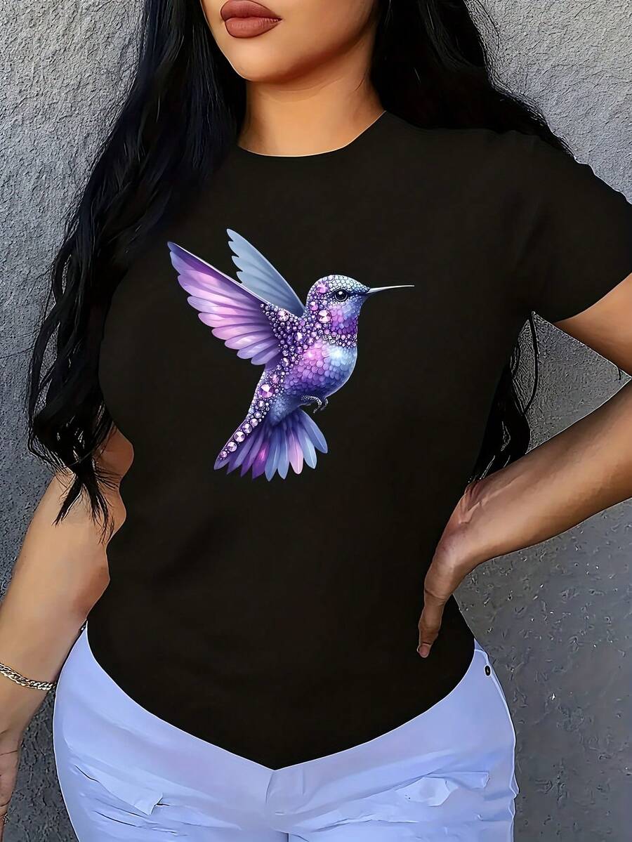 Vibrant Hummingbird 1 Pcs Women's Plus Size T-Shirt Oversized Graphic Short Sleeve Tee 100% Polyester Novelty Shirt Crew Neck Top Casual Clothing 220g - 黑色 - 查看 1