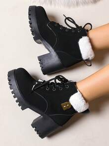 Punk Metall Ösen Schnürstiefeletten mit Plateausohle für Damen, schwarz mit Thermofutter, vielseitig einsetzbar für Herbst/Winter, Schnürstiefel mit rundem Zehenbereich und Plateausohle in Pink