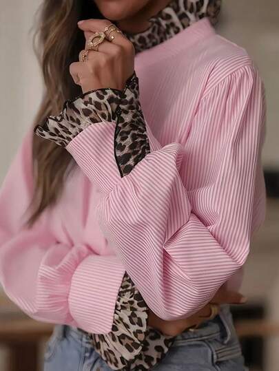 Camisa de mujer de manga larga con elegante estampado de leopardo y rayas - Cuello alto con puños a rayas rosas y estampado animal, ligera para primavera/otoño y verano, uso casual o formal, blusa con estampado de leopardo, de moda