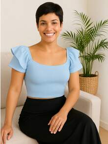 Blusa Cropped Feminina Manga Bufante Babado Canelada Verão