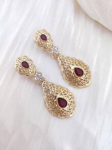 1 par de pendientes de estilo vintage de Oriente Medio con colgante de gota de agua hueco, metal incrustado con rhinestones, adecuado para uso diario, bodas, fiestas, festivales, regalo