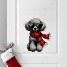 1 pieza Pegatina de ventana con sombrero de Navidad, perrito y bufanda, creativa DIY, autoadhesiva, extraíble, de PVC para decorar y embellecer ventanas y cristales, decoración estacional, tema navideño, material de PVC, calcomanía autoadhesiva, para compradores navideños, entusiastas de manualidades