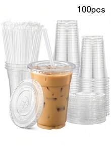 20/100 Clear Plastic Cup With Straw With Lid, Clear Drinking Cup With Lid, 17 Oz Plastic Cup, Suitable For Iced Coffee, Smoothies, Milkshakes And Any Cold Drink, Suitable For Wedding Event Parties, Outdoor Barbecues, Halloween Party, - Black Straw - View 2
