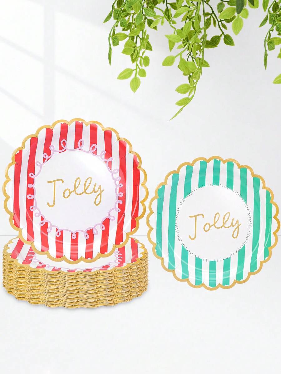 10 Stücke/20 Stücke/50 Stücke Weihnachts-Pappteller 7 Zoll Weihnachts-Kuchenteller mit niedlichem rot-grün gestreiftem Muster, fröhlichem Design mit gezacktem Rand, Weihnachtsparty Zubehör - Verschiedenfarbig - Übersicht 1
