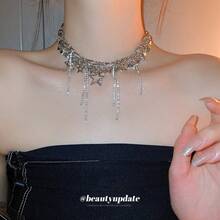 Inlaid Diamond Star Sequin Hollow Tassel Necklace European And American Style Niche Collarbone Chain Light Luxury Versatile Sweet Cool Style Necklace - Dây chuyền - Bạc - Xem 2