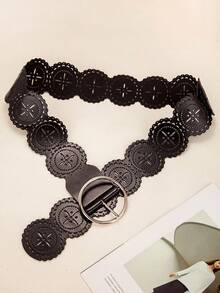 1pc Women's Vintage Round Hollow Geometric Pattern PU Leather Casual Jeans Belt, Suitable For Autumn, Halloween