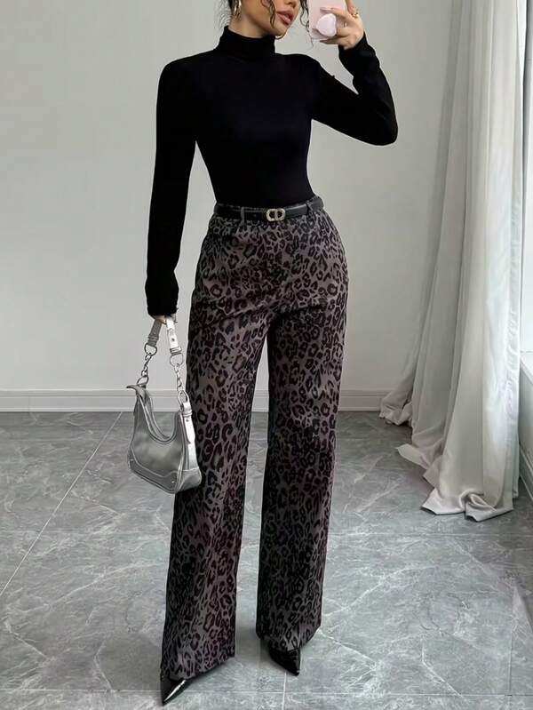 Pantalones largos de pierna recta con estampado de leopardo, de tela tejida, con bolsillos, cremallera y botones, de estilo casual y de fiesta para mujer