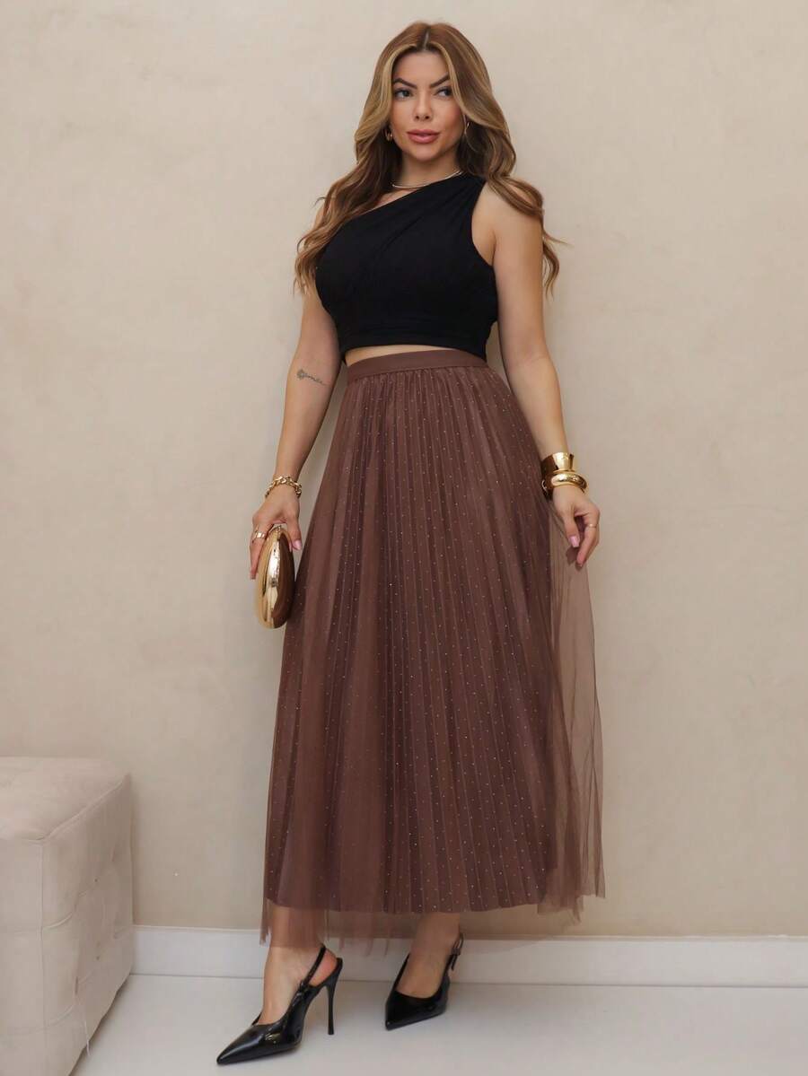 MIA MIA MODAS Elegant Long Tulle Skirt With Pleated Lining And Rhinestones All Over The Lining, Elastic At The Waist Of The Skirt. - Café integral - Ver 1