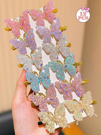 12 st färgglada, glänsande fjärilshårspännen, ger ditt hår charm