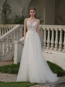 YOUKEFEIER Spaghetti Strap Deep V Lace Embroidery Sexy Long Wedding Dress