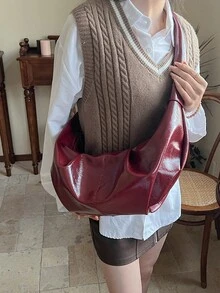 Burgundy Vintage Oiled Wax Leather Shiny PU Leather Pleated Shoulder Bag, Casual Versatile Women's Crossbody Bag, Large Capacity, Suitable For Daily, Commuting, Dating, Shopping, Crescent-Shaped
