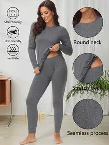 Set da donna casual, composto da top a maniche lunghe con collo rotondo in colore unito e leggings, 2 pezzi, taglie forti, adatto per autunno/inverno - Grigio - Visualizzare 4