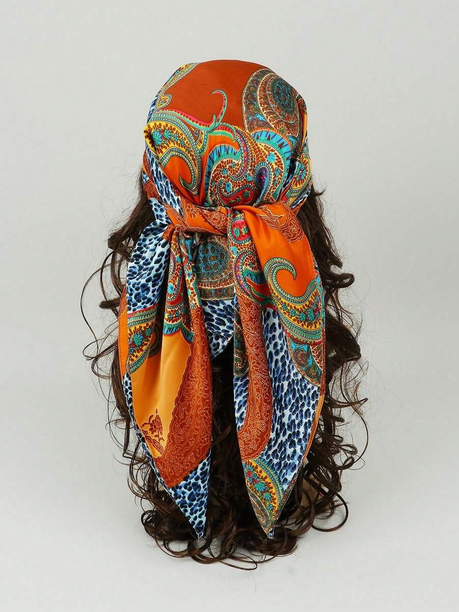 1pc Moonlight Silk Chain Geometric Print Headscarf Bandana 85cm Bandana,Hair Band,Head Band Ideal For Dressing Up Your Look - 橘色 - 查看 1