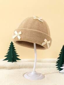 1pc Baby Girls' Knitted Beanie Hat With 3 Bows, Cute Infant Warm Knit Hat With Folded Brim, Elongated Winter Warm Baby Hat, Fashion Personalized Baby Warm Hat