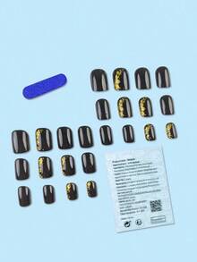 24Pcs Short Square Black Metallic Gold Foil Simple False Nail Tips Manicure Set - Suitable For Women And Girls Press On Nails Nail Supplies Nails - màu đen - Xem 3