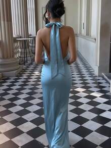Basrey New Elegant Blue Solid Color Tie Neck High Waist Fitted Backless Cocktail Dress, Mermaid Maxi Dress, Suitable For Wedding, Party, Date And Other Occasions, Valentine's Day - Blue - View 3