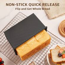 1lb Capacity Non-Stick Bread Baking Pan With Lid & Serrated Scraper, Carbon Steel Wavy Bread Toast Loaf Mold, Black & Gold