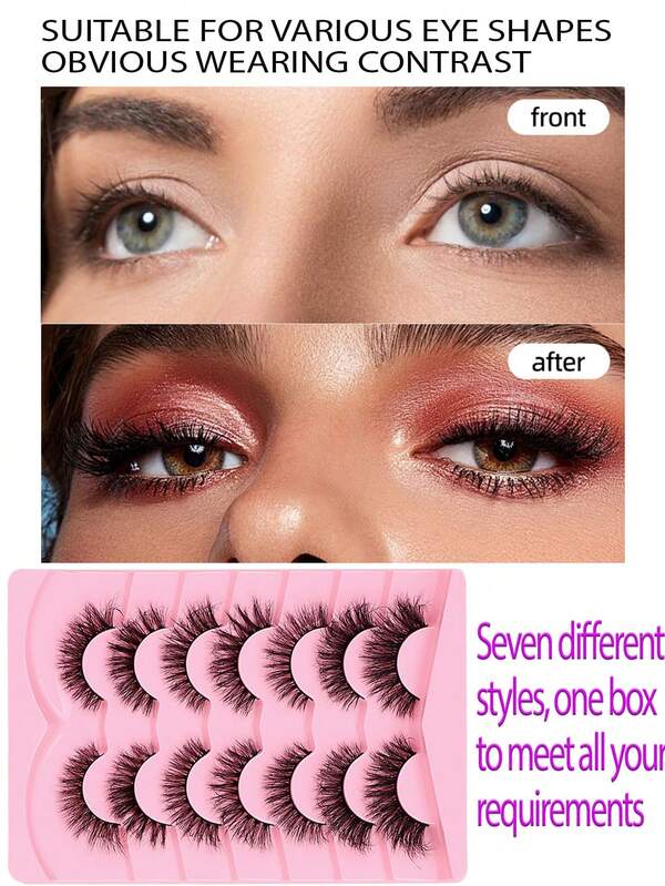 7 Pairs Cat Eye False Eyelashes, 3D Curly Messy Fluffy Paired Eyelashes, Soft Faux Mink Hair Texture, Natural & Dense, Transparent Stem - Reusable, Lightweight Cat Eye Lashes, Suitable For Daily Makeup And Special Occasions