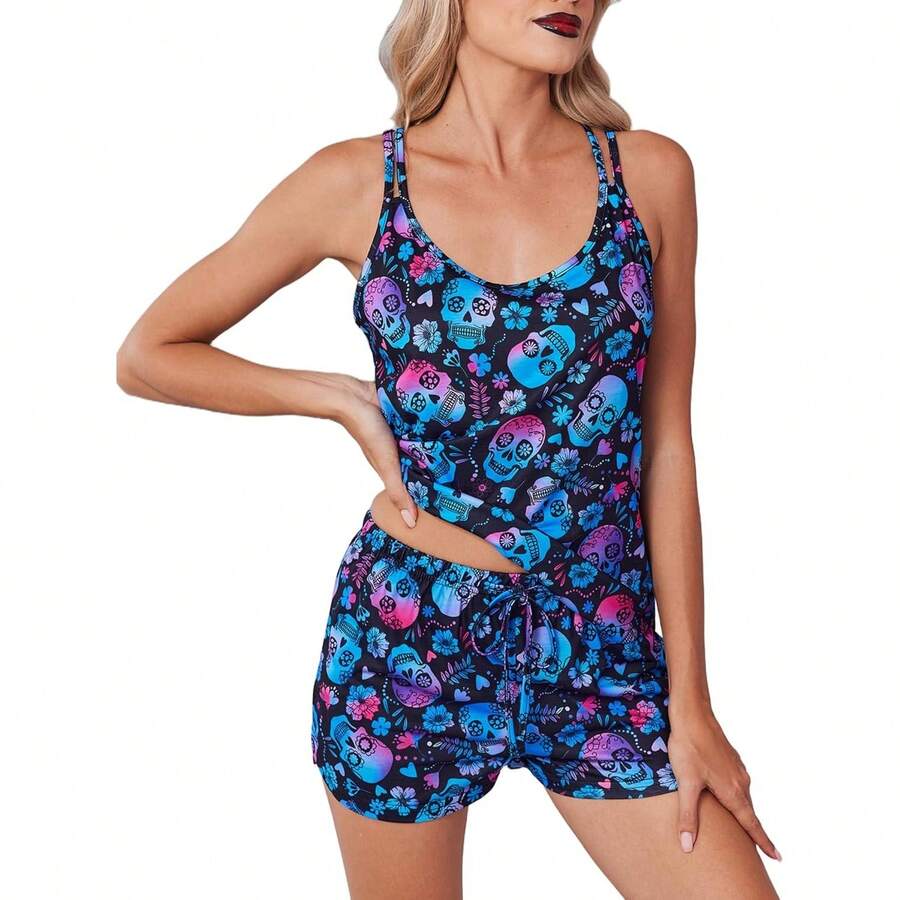 Women's Cami Pajama Set Sleeveless Racerback Tank Top Soft Sleepwear For 2025 - Họa tiết hoa đầu lâu xanh - Xem 1