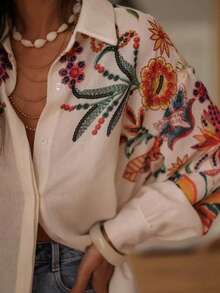 大码女式优雅休闲度假浪漫印花长袖上衣衬衫（印花） - 彩色 - 查看 6