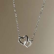Hypoallergenic Delicate Shiny Silvery Double - Heart Rhinestone Necklace, Daily Matching Party Jewelry For Autumn & Winter, Valentine's Day Gift For Girlfriend, Claim My Daily Gift, Local Warehouse, - Slivery - View 6