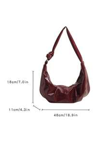 Burgundy Vintage Oiled Wax Leather Shiny PU Leather Pleated Shoulder Bag, Casual Versatile Women's Crossbody Bag, Large Capacity, Suitable For Daily, Commuting, Dating, Shopping, Crescent-Shaped