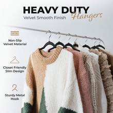 100 Pack Velvet Hanger For Shirt Pants Dresses Skirts Suits Jackets - Slim Space Saving Design - Standard Coat Hanger - Sturdy & Durable Design With Shoulder Grooves Hook - 黑色 - 查看 2