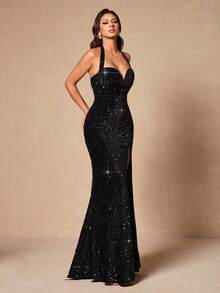 Elegant Women's Black Sequin Maxi Party Dress, Sleeveless V-Neck Backless Design With High Slit Detail - Black - View 7