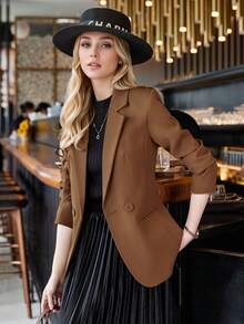 Khaki Suit Jacket, Casual Commuter Wear For Spring & Autumn - Brown - View 6