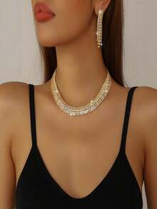 1 套闪亮金色水钻项链和耳环首饰套装，适合赠送女性朋友，时尚派对礼服配饰
