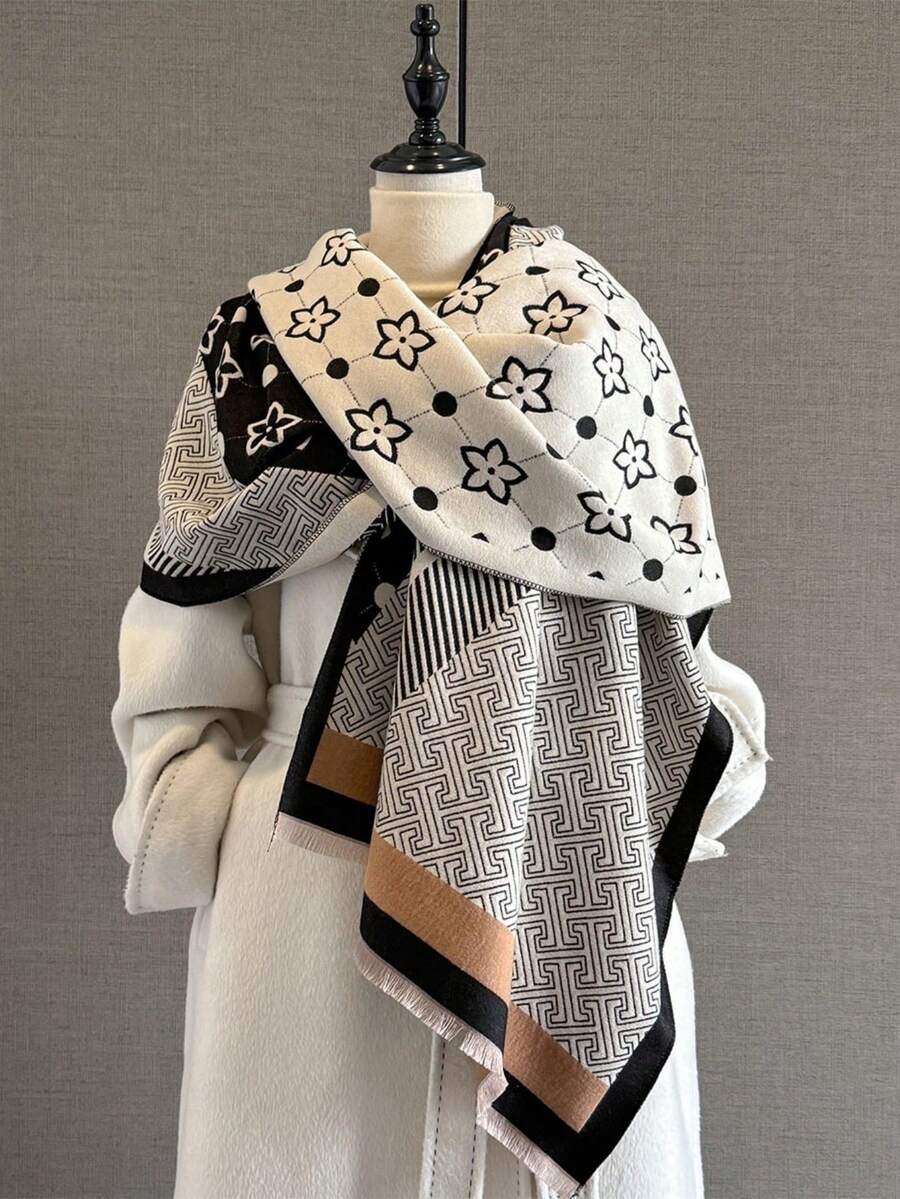1pc Elegant Clover Pattern Jacquard Scarf, Warm And Fashionable Shawl For Women, Suitable For Air-Conditioned Rooms, Autumn/Winter For Dress - Black - View 1