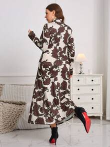 大码女式复古花卉印花褶饰腰长袖长裙，秋冬 - 彩色 - 查看 2