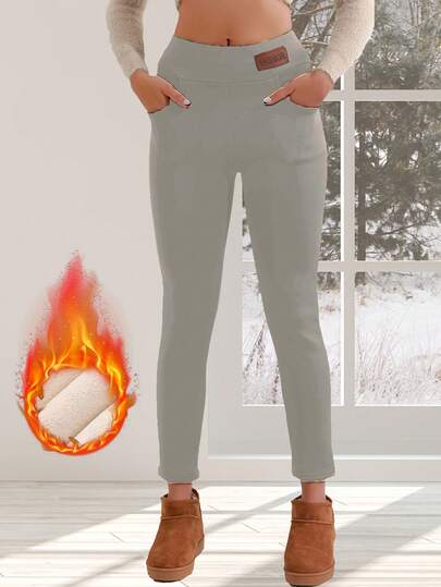 سروال كاجوال نسائي ذو خصر عالي مبطن بفرو دافئ مع جيوب، بنطلون يوجا للتمارين الرياضية، بنطلون شتوي حراري