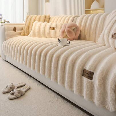 Solid Color Fluffy Sofa Cover, 1 Count Non-Slip Soft Sofa Slipcover, Sofa Protector For Home Living Room Bedroom, Home Decor, Elastic Furniture Protector