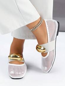 1 Par de Sapatilhas de Balé Francesas da Moda para Mulheres, Estilo Mary Jane, Plana, Sandálias com Recorte em Tela/Rede