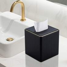 Gold-Edged Square Vertical Striped Tissue Box - Fashionable Cubic Tissue Box Holder, Magnetic Bottom, Decorative PU Tissue Box Suitable For Vanity, Nightstand, Desk, Kitchen Counter, Home Office, Car (Milk Tea Color) - Multicolor - View 12