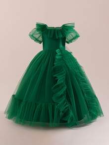 Abito lungo da damigella d'onore in tulle elegante per ragazze pre-adolescenti, adatto per feste di Natale, matrimoni e balli, con maniche corte - Verde - Visualizzare 1