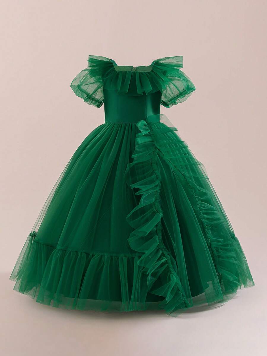 Abito lungo da damigella d'onore in tulle elegante per ragazze pre-adolescenti, adatto per feste di Natale, matrimoni e balli, con maniche corte - Verde - Visualizzare 1