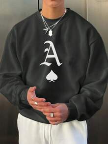 K-GLORY 男士休闲百搭扑克元素印花杏色圆领卫衣 - 深灰色 - 查看 4