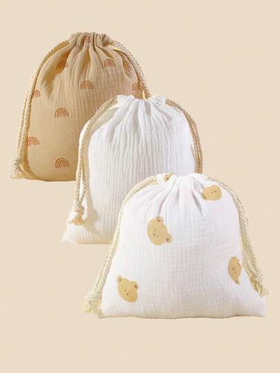 3pcs Cartoon Print Crepe Diaper Storage Bags With Drawstring